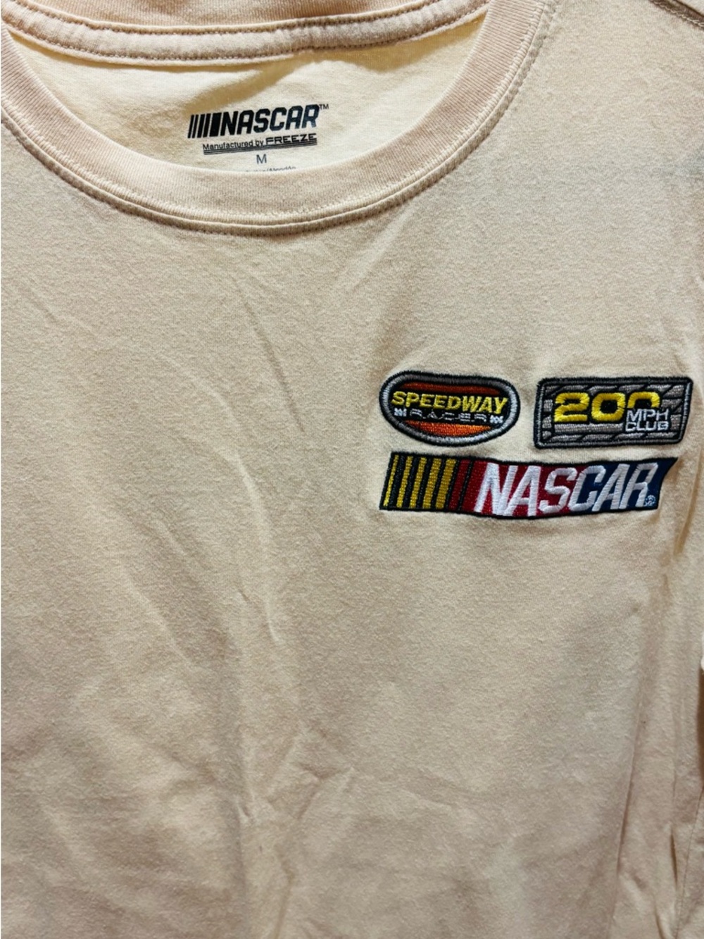 Nascar Short Sleeve Tee in Light Beige with Embroidered Logos Size Medium